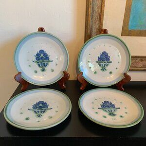 Vintage M.A.Hadley Blueberry Bouquet Handpainted Stoneware 8"Plates (4 Set)